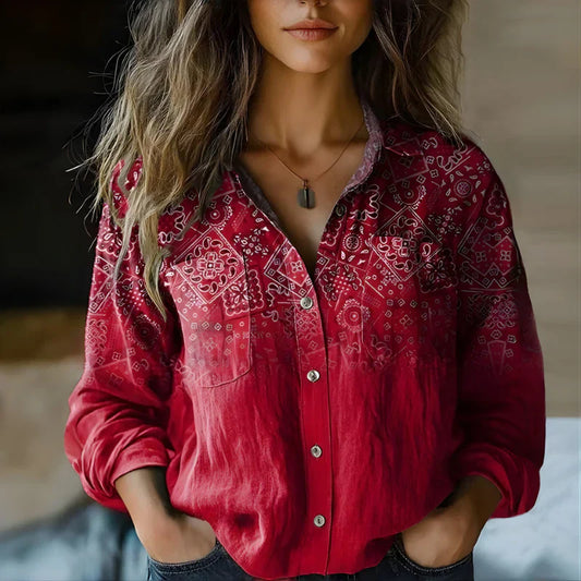 Women's Vintage Print Button Up Blouse with Relaxed Fit
