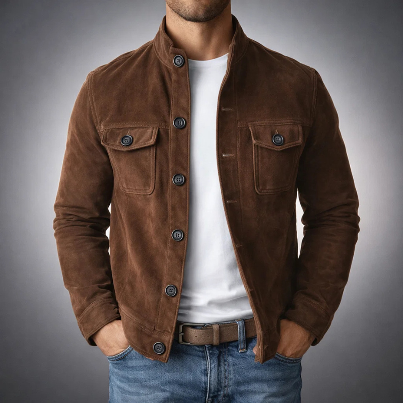 Men’s Suede Jacket with Button Closure and Utility Pockets