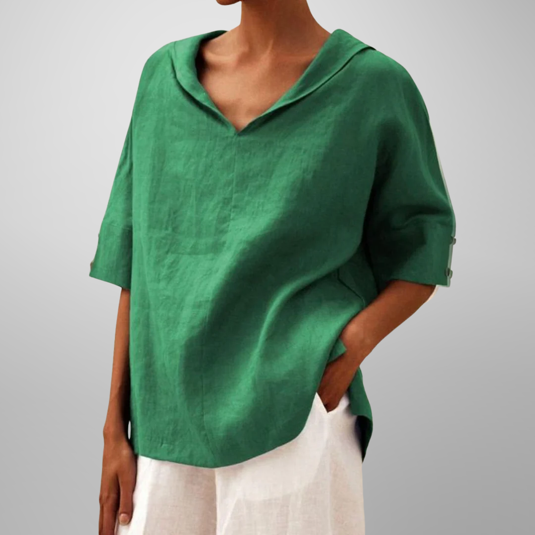 Women's Relaxed Fit Blouse with V-Neck and Short Sleeves