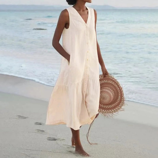 Women's Sleeveless V-Neck Button Front Midi Dress