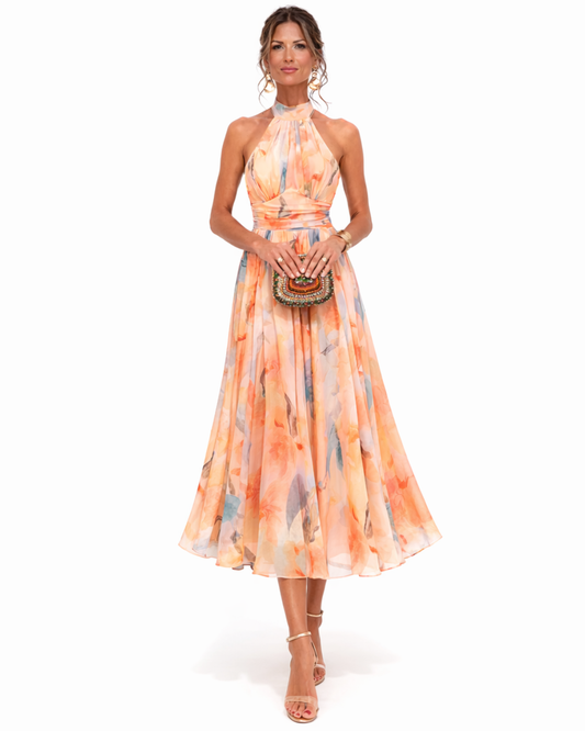Women's Halter Neck Floral Midi Dress with Flowing Skirt