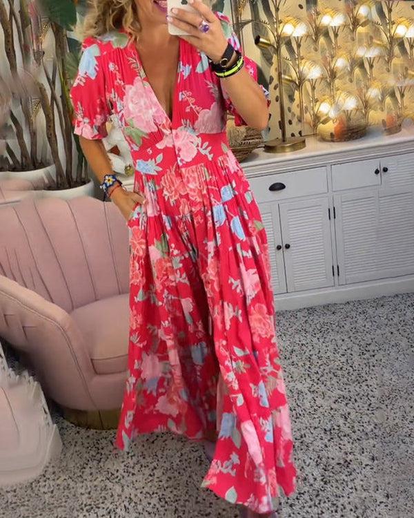 Elegant Floral V-Neck Maxi Dress for Women