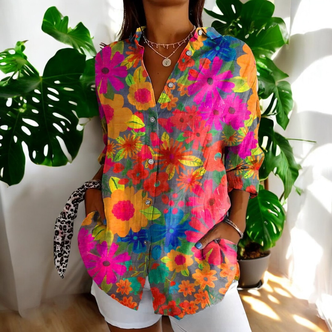 Women's V-Neck Button Blouse  Elegant Relaxed Fit Lightweight Work Shirt