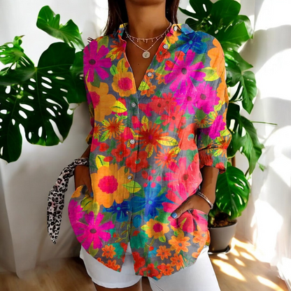 Women's V-Neck Button Blouse  Elegant Relaxed Fit Lightweight Work Shirt