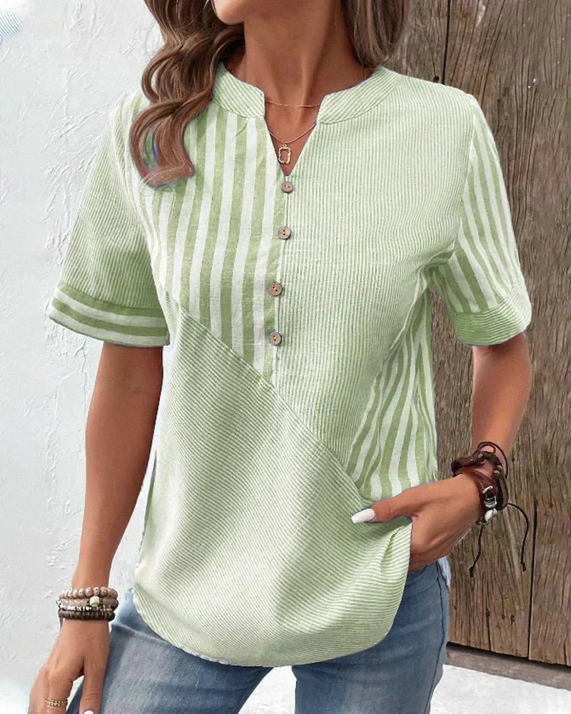 Women's Striped Button V-Neck Blouse Relaxed Fit Lightweight Casual Summer Top