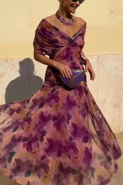 Women's Elegant V-Neck Maxi Dress with Pleated Waist