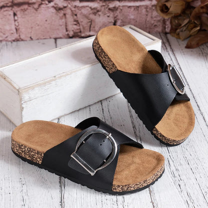 Women’s Cork Footbed Slide Sandals with Buckle Strap and Cross Design