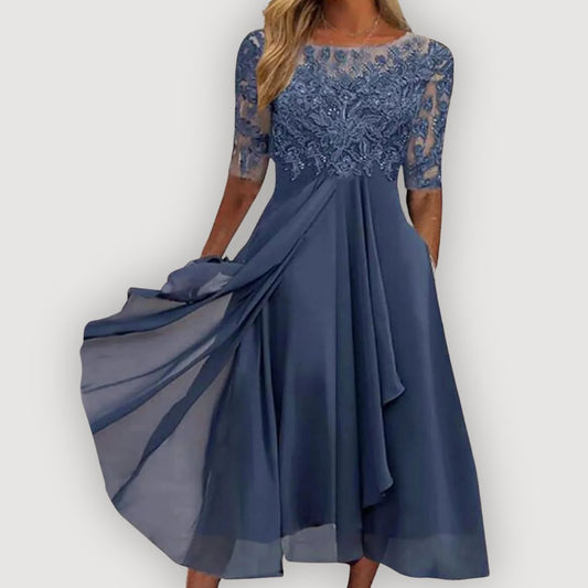 Women's Lace Bodice Midi Dress with Chiffon Skirt