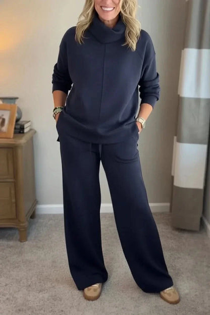 Women's Turtleneck Loungewear Set with Wide Leg Pants Cozy Two Piece