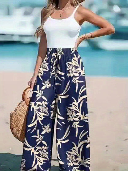 Women’s Wide Leg Printed Pants with Elastic Waist and Flowing Fit