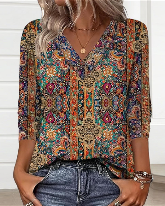 Women's Bohemian Printed Blouse V Neck Loose Fit Casual Top