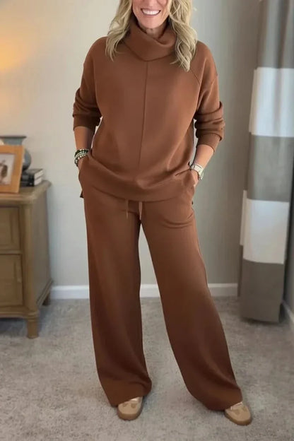 Women's Turtleneck Loungewear Set with Wide Leg Pants Cozy Two Piece