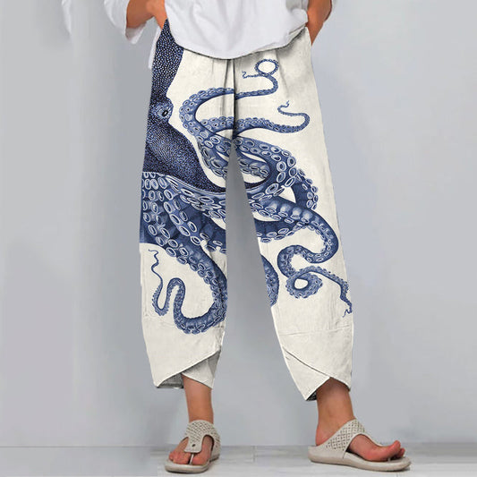 Women's Octopus Ink Print Wide Leg Pants – Relaxed Fit Lightweight Casual Statement Trousers