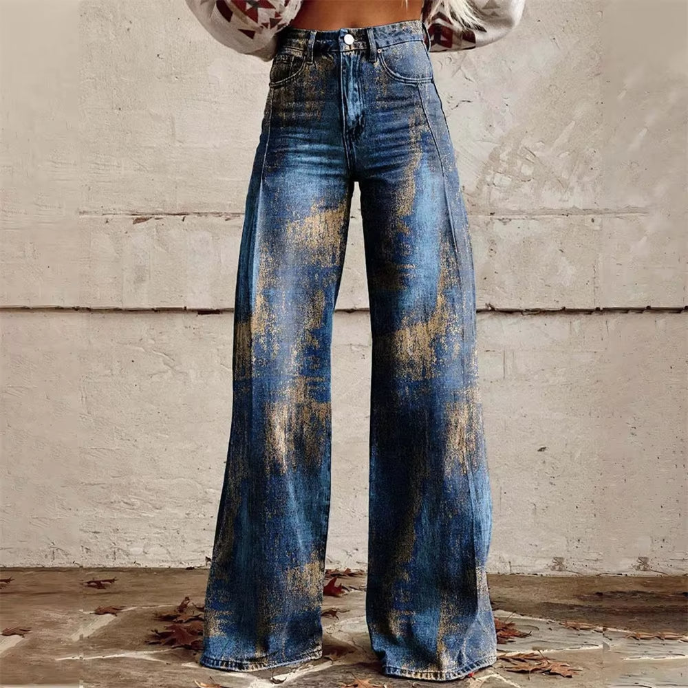 Women's Floral Wide Leg Jeans – High Waist Flared Fit Stretch Denim Pants