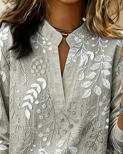 Women's Floral Embroidered V-Neck Blouse with Long Sleeves