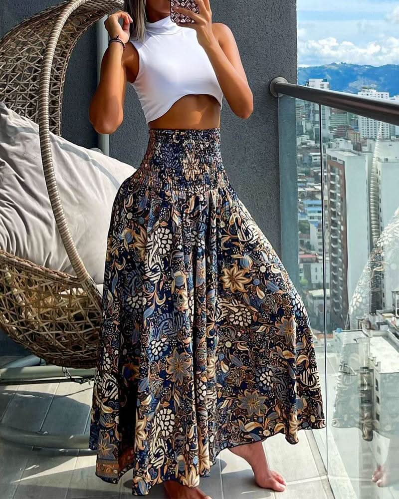 Women’s Floral Pleated Midi Skirt with Elastic Waist and Flowing Fit