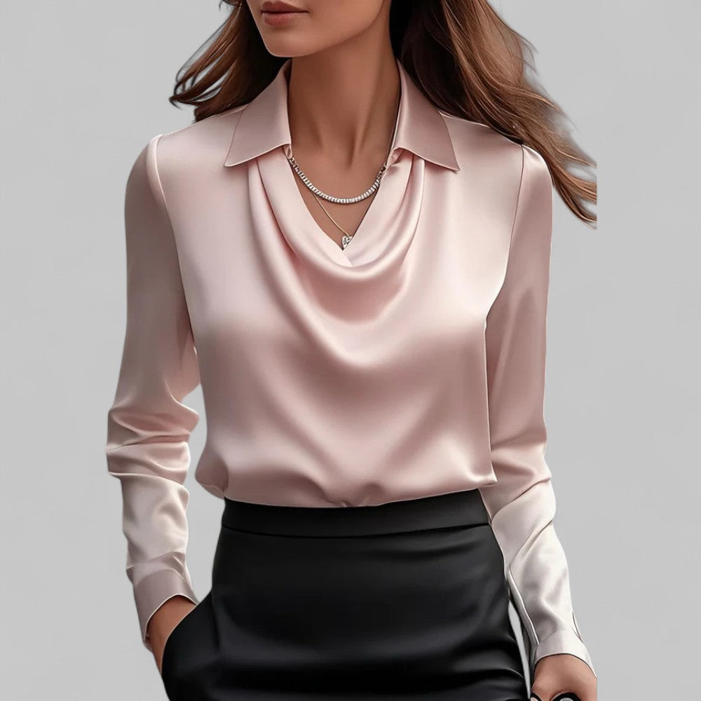 Women’s Draped Neck Long Sleeve Blouse with Satin-Like Finish
