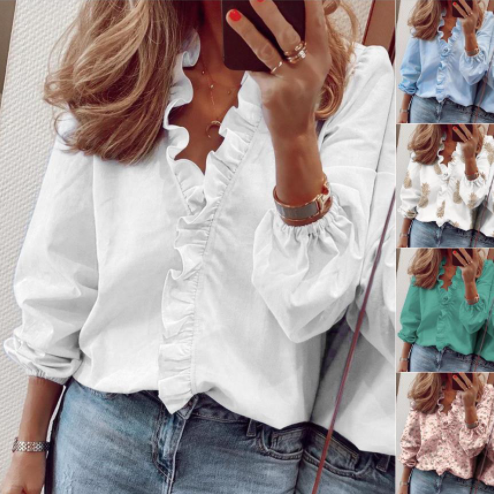Women's Ruffle V-Neck Blouse with Long Lantern Sleeves