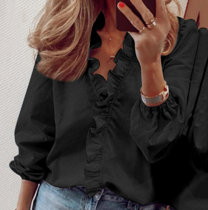 Women's Ruffle V-Neck Blouse with Long Lantern Sleeves