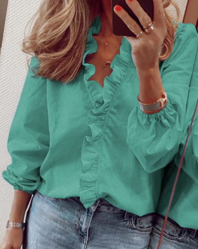 Women's Ruffle V-Neck Blouse with Long Lantern Sleeves