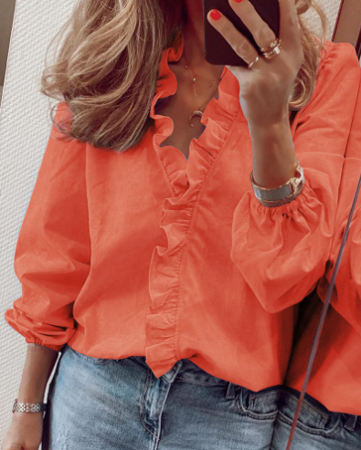 Women's Ruffle V-Neck Blouse with Long Lantern Sleeves