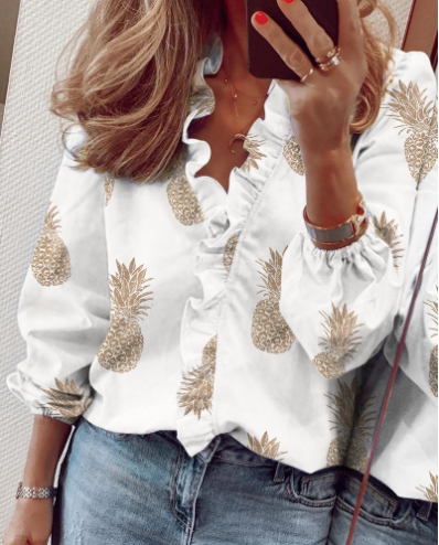Women's Ruffle V-Neck Blouse with Long Lantern Sleeves
