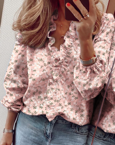Women's Ruffle V-Neck Blouse with Long Lantern Sleeves