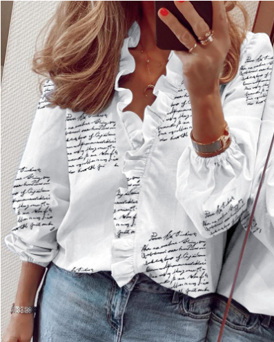 Women's Ruffle V-Neck Blouse with Long Lantern Sleeves