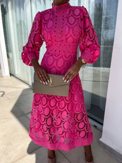 Women's Elegant Lace Midi Dress with Long Sleeves