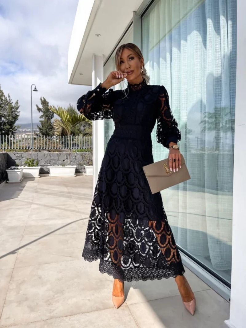 Women's Elegant Lace Midi Dress with Long Sleeves