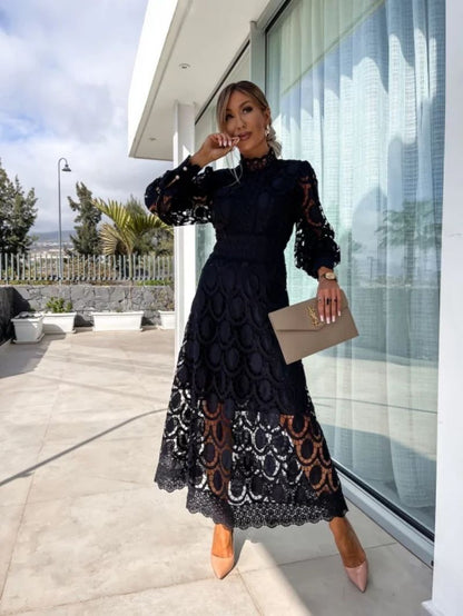 Women's Elegant Lace Midi Dress with Long Sleeves