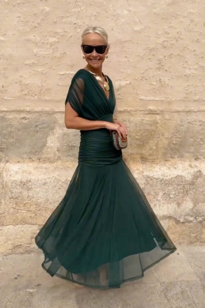 Women's Elegant V-Neck Maxi Dress with Pleated Waist
