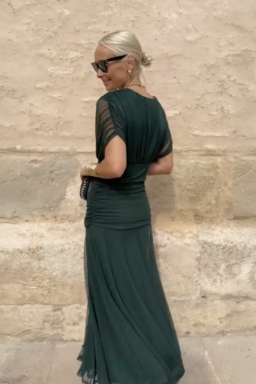 Women's Elegant V-Neck Maxi Dress with Pleated Waist