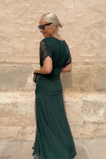 Women's Elegant V-Neck Maxi Dress with Pleated Waist
