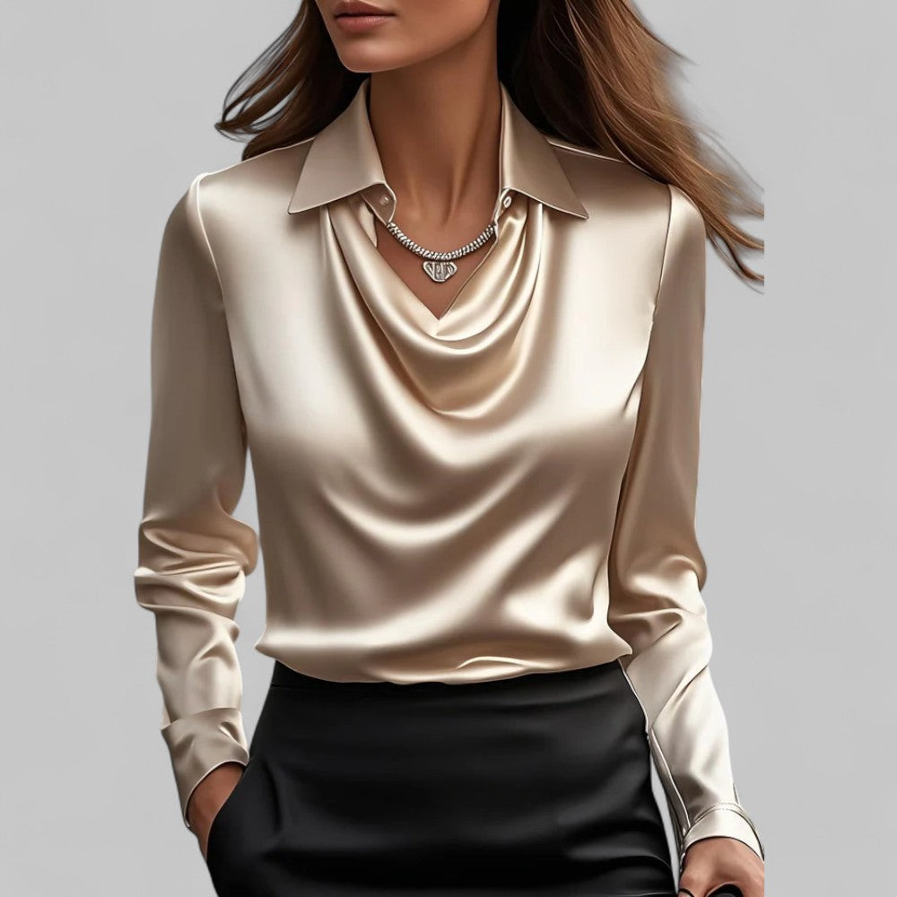 Women’s Draped Neck Long Sleeve Blouse with Satin-Like Finish