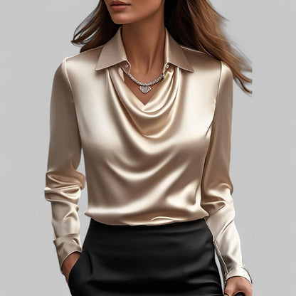 Women’s Draped Neck Long Sleeve Blouse with Satin-Like Finish
