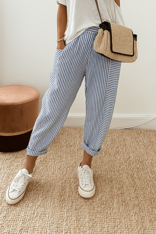 Women's Striped Relaxed Fit Pants with Drawstring Waist