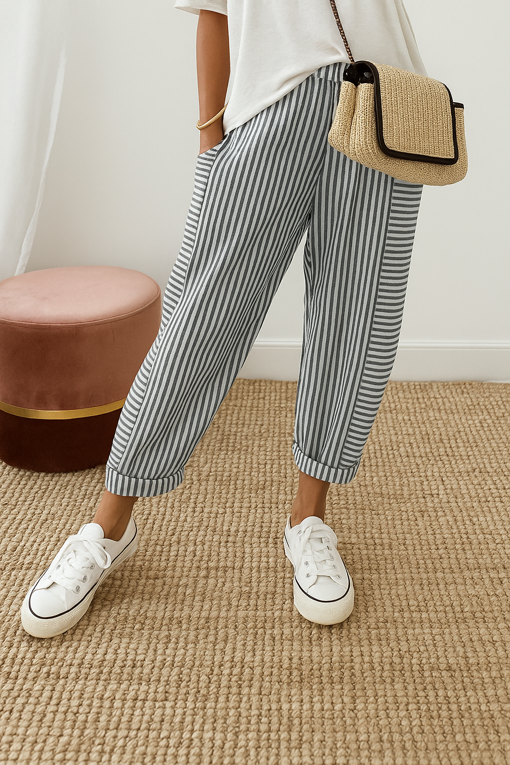 Women's Striped Relaxed Fit Pants with Drawstring Waist