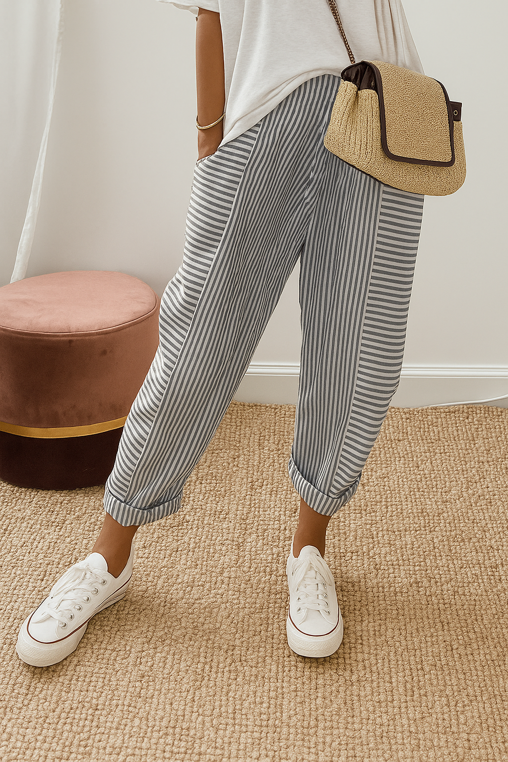 Women's Striped Relaxed Fit Pants with Drawstring Waist