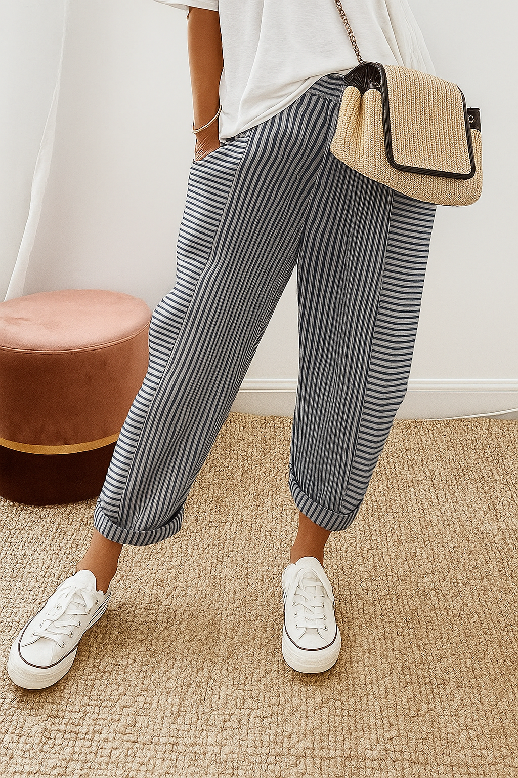 Women's Striped Relaxed Fit Pants with Drawstring Waist