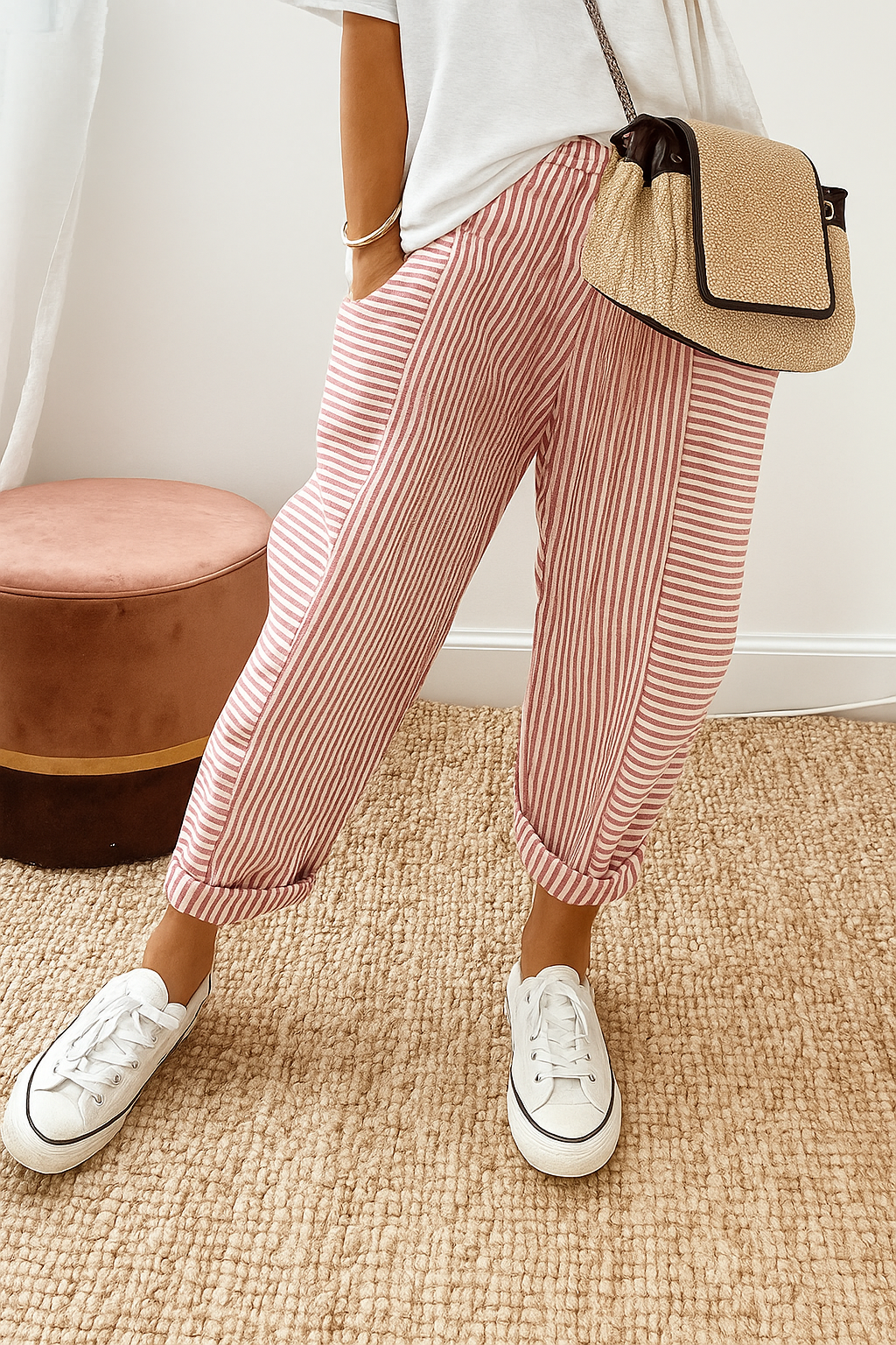 Women's Striped Relaxed Fit Pants with Drawstring Waist