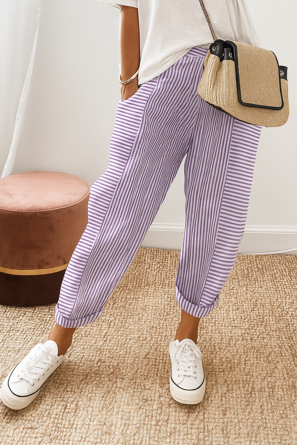 Women's Striped Relaxed Fit Pants with Drawstring Waist