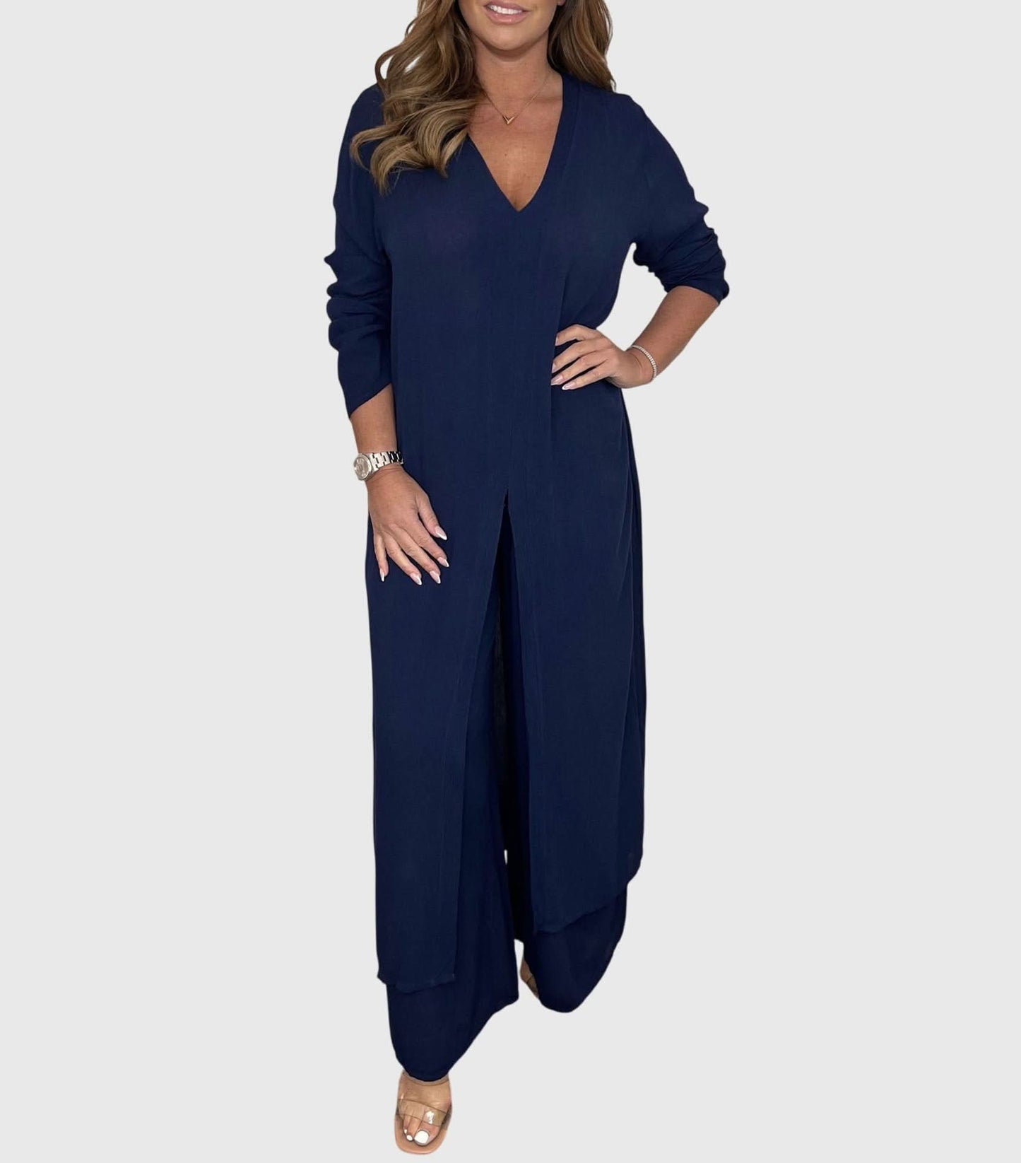 Women's Elegant Two Piece Set Long Top and Wide Leg Pants Outfit