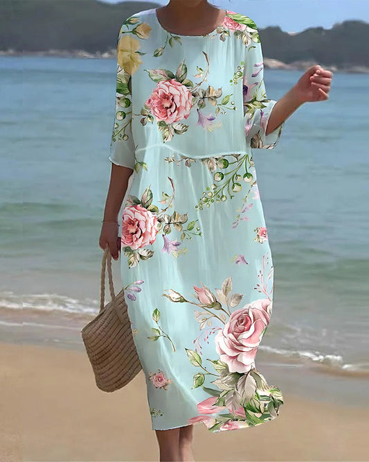 Women's Floral Midi Dress Elegant Loose Fit Summer Dress