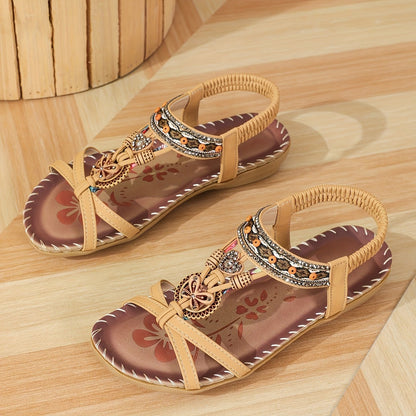Women’s Boho Beaded Flat Sandals with Slip-On Design and Cushioned Sole
