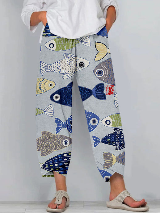 Women's Colorful Fish Print Wide Leg Pants – Relaxed Fit Lightweight Casual Trousers