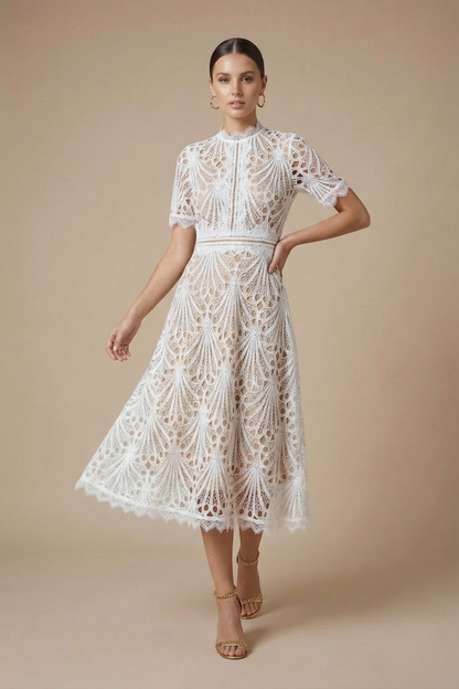 Harlow | Geometric Lace Cocktail Dress with High Neckline