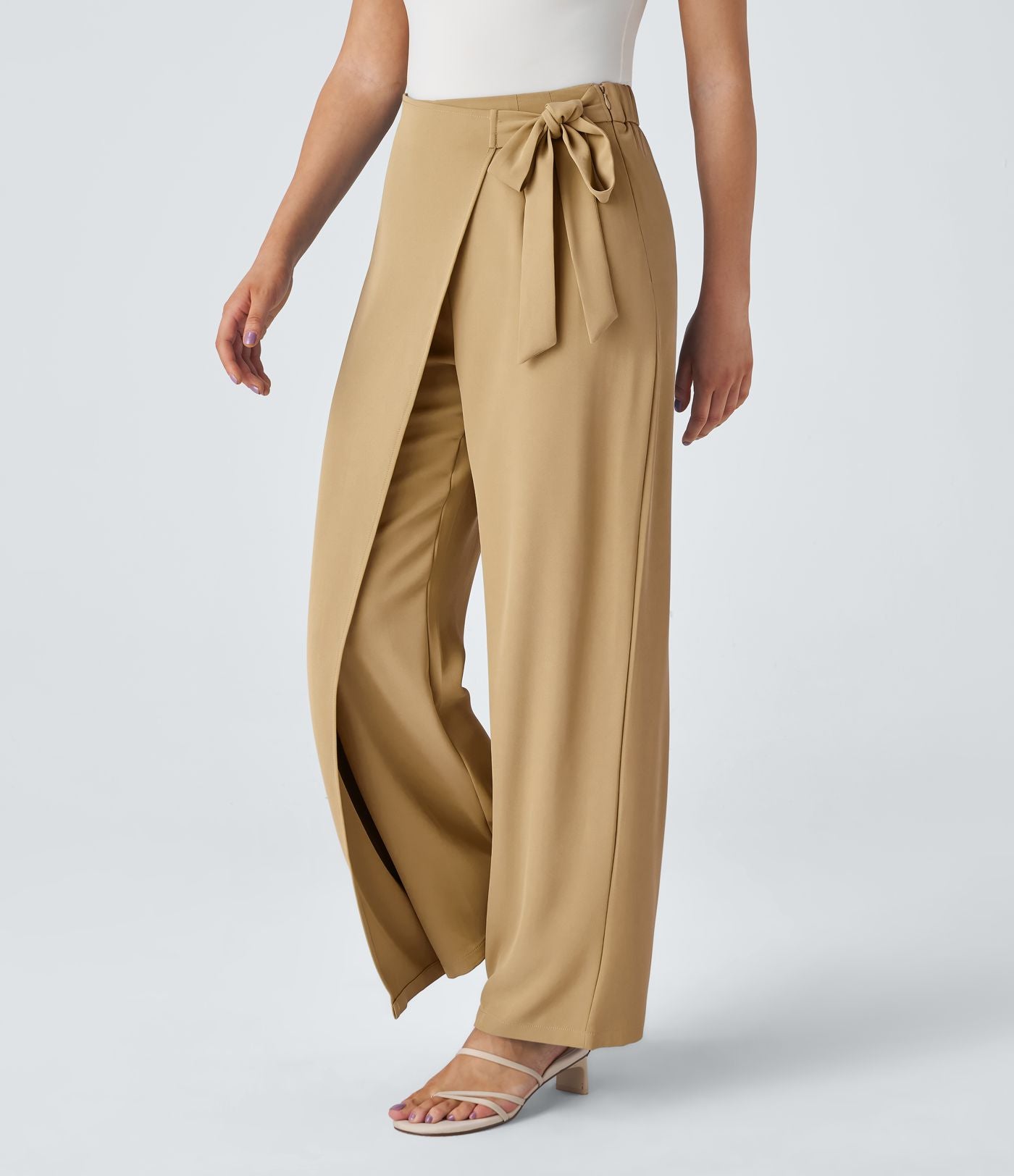 Women’s High Waist Wrap Pants with Wide Leg and Side Slit