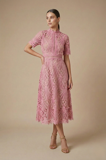 Harlow | Geometric Lace Cocktail Dress with High Neckline
