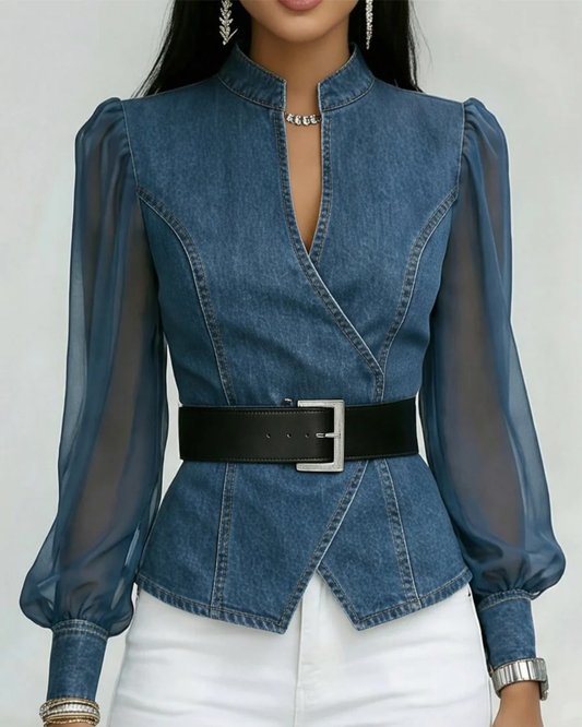 Women's Denim Wrap Top with Sheer Sleeves and Belt